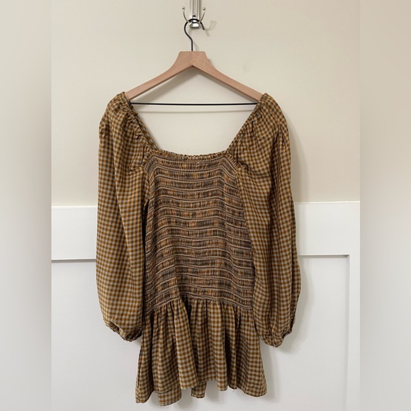 Urban Outfitters Cognac Brown Francis Plaid Puff Sleeve Mini Dress Size Medium - Picture 6 of 11